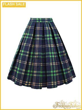 Pleated Vintage A-Line Midi Skirt High Waist Pockets Flowy Retro